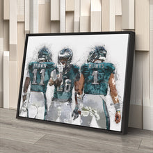 Load image into Gallery viewer, Jalen Hurts, A.J. Brown &amp; Saquon Barkley Canvas Art – Philadelphia Eagles Wall Decor
