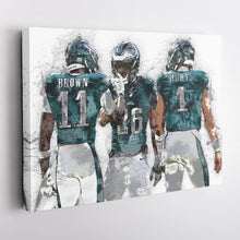 Load image into Gallery viewer, Jalen Hurts, A.J. Brown &amp; Saquon Barkley Canvas Art – Philadelphia Eagles Wall Decor
