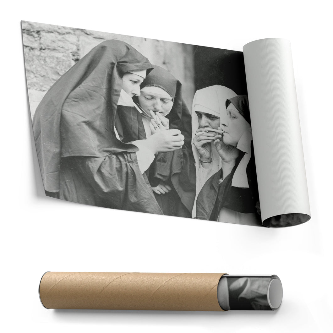 Smoking Nuns Canvas Wall Art - Funny Religious Wall Decor Print